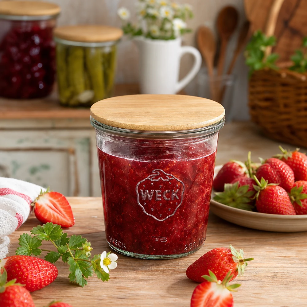 290 ml høje Briller WECK RR80 med trælåg WECK sylteglas 290 ml med bambuslåg fyldt med jordbærmarmelade omgivet af friske jordbær på et træbord