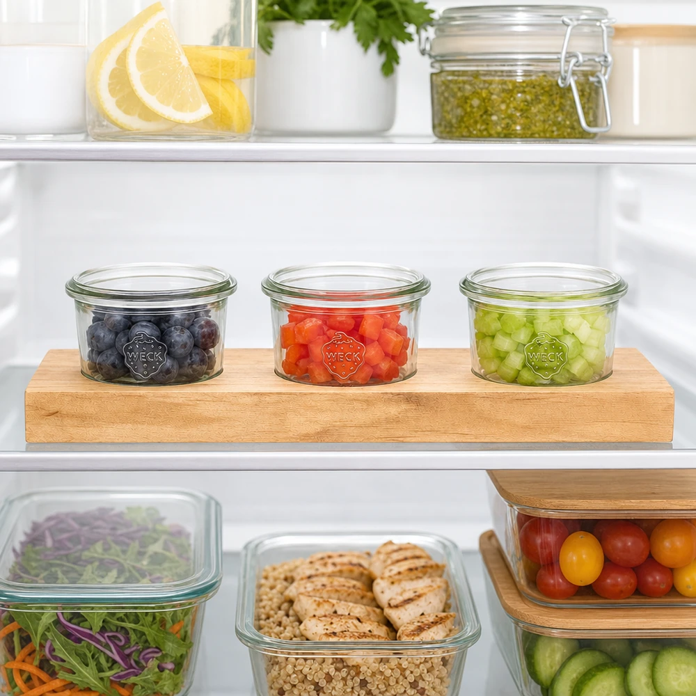 Serveringsbræt Plano3 med 3 Weck-glas med skruelåg, 80 ml Plano3 serveringsbakke med Weck 80 ml-bægre i køleskabet til organiseret opbevaring af bær og grøntsager