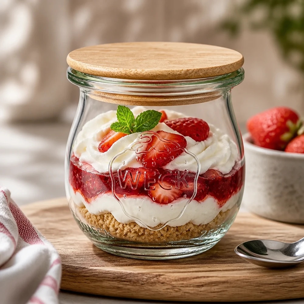 75 ml tulipankrukke WECK RR40 med trælåg WECK tulipankrukke 75 ml RR40 dessertkrukke med bambuslåg fyldt med jordbærdessert og fløde på et træbord
