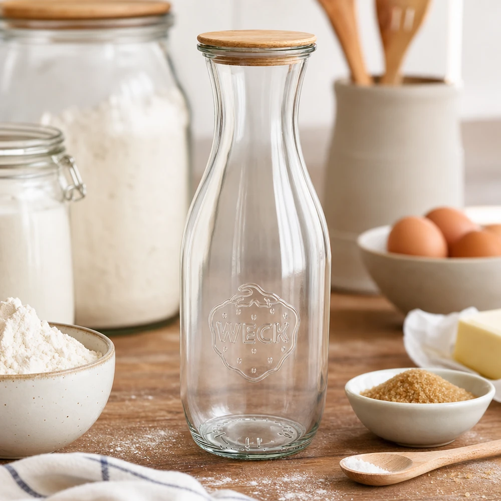 1062 ml juiceflaske WECK RR60 med trælåg WECK juiceflaske 1062 ml med trælåg på køkkenbordet mellem bageingredienser som mel, æg og smør