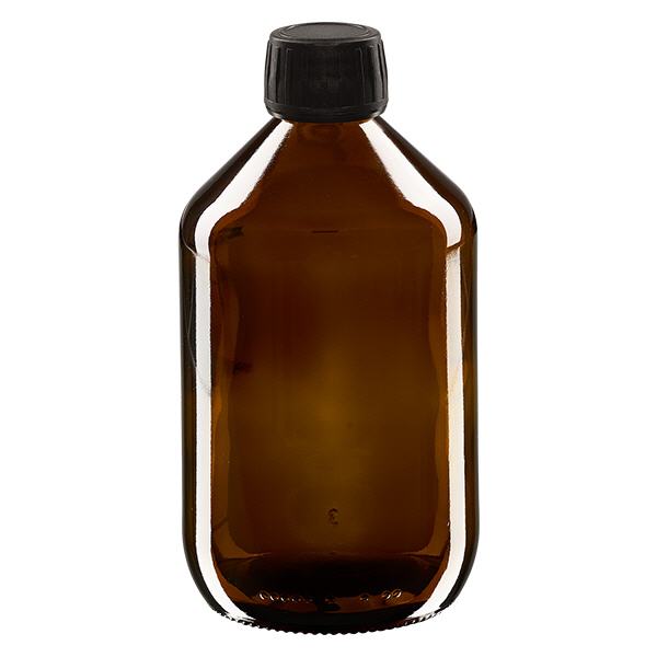 500 ml medicinflaske brun, sort hætte med manipulationssikker ring ApoGlas. Farmaceutisk kvalitet fra EU-produktion. 28 mm (PP28) gevind. (sirup, let glasflaske) 500 ml medicinflaske brun, sort hætte med manipulationssikker ring ApoGlas. Farmaceutisk kvalitet fra EU-produktion. 28 mm (PP28) gevind. (sirup, let glasflaske)