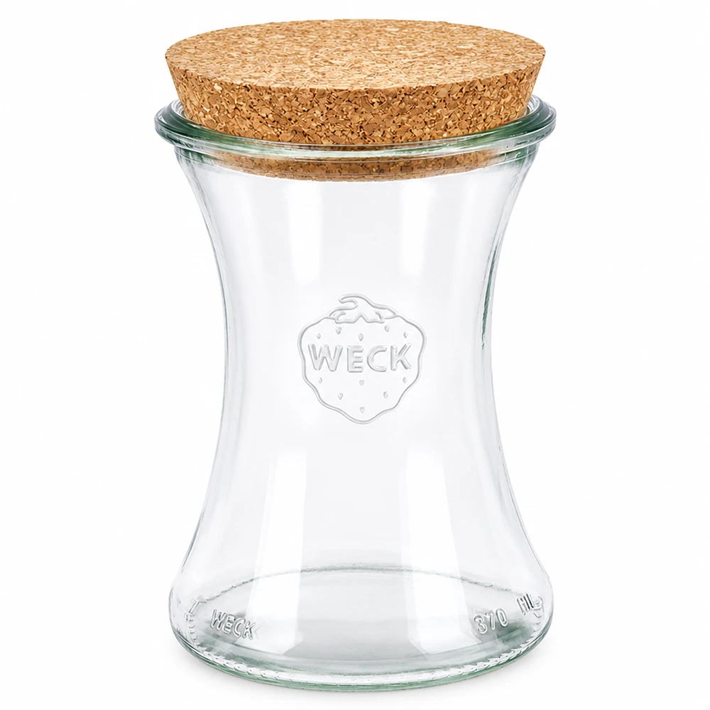 WECK delikatesseglas 370 ml RR80 med naturkork-låg lavet af klart glas til opbevaring