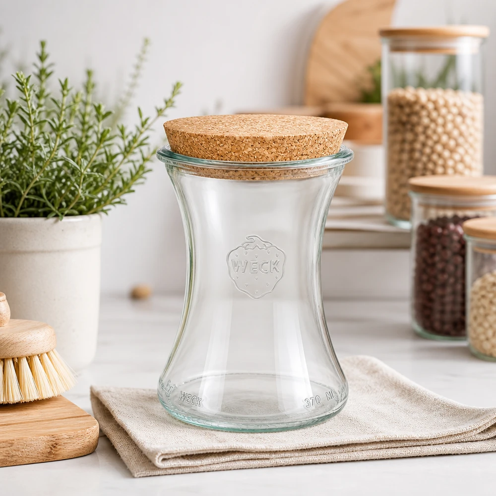 370 ml delikatesseglas WECK RR80 med kork natur WECK Delikatessenglas 370ml RR80 in moderner Küche mit Vorratsgläsern Kräutern und Holzaccessoires als Deko