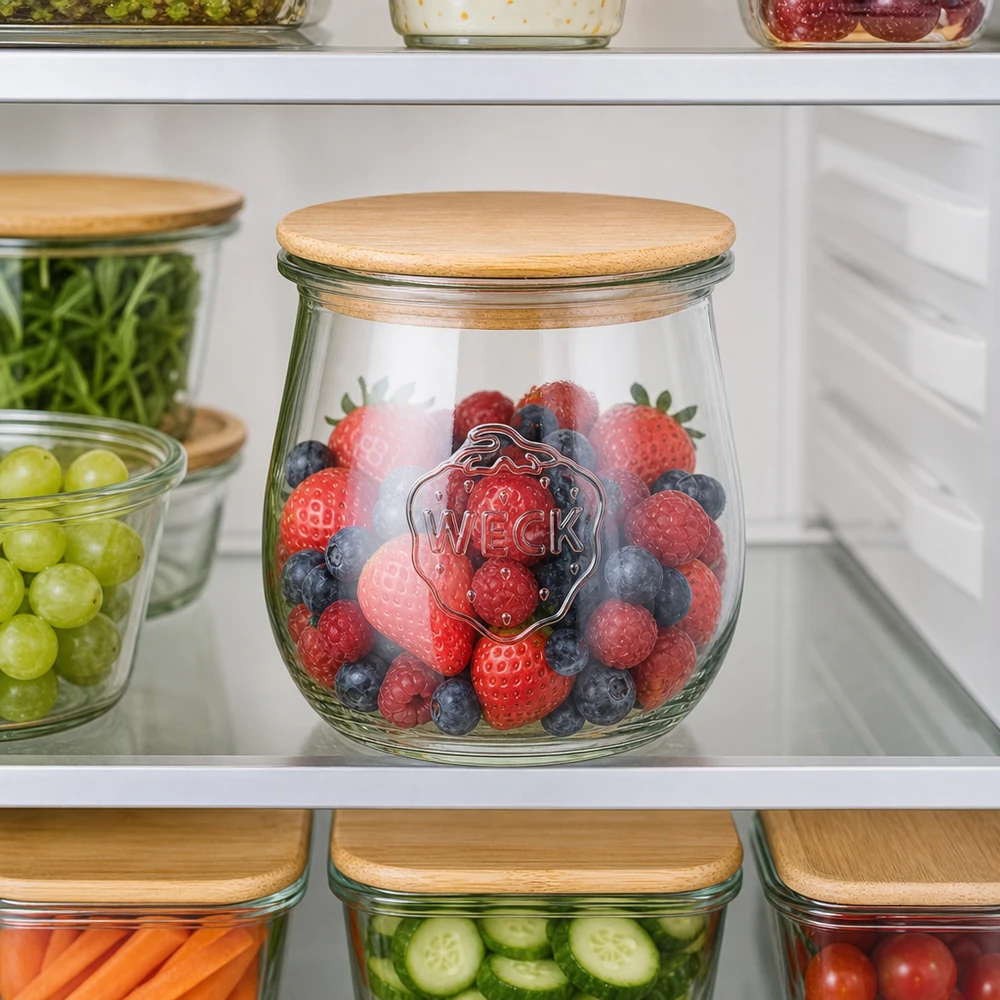 220 ml tulipankrukke WECK RR60 med trælåg WECK Tulpenglas 220ml mit Holzdeckel zur Aufbewahrung von Beeren im Kühlschrank - Frischhalteglas für Obst
