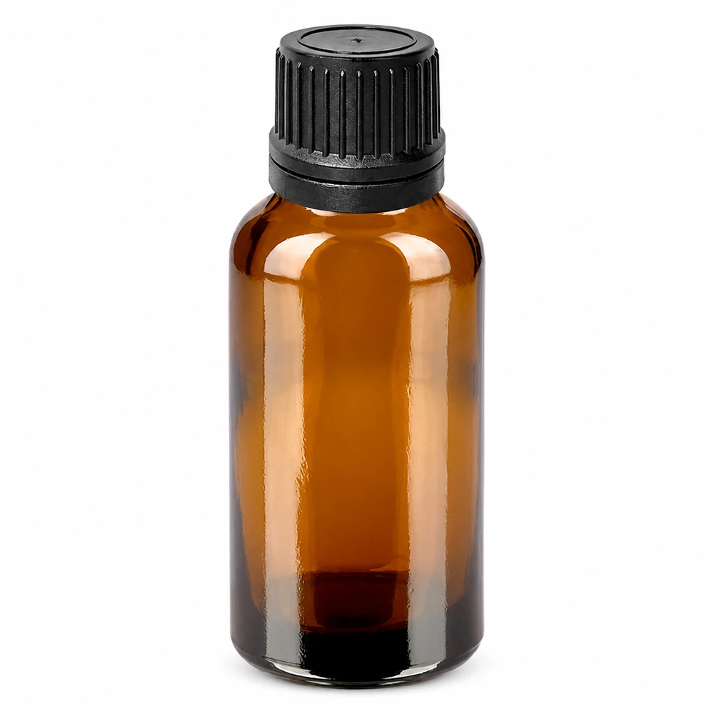 30 ml dråbeflaske 1 mm sort OV BrownLine UT18/30 30 ml brun glasflaske med sort dråbehætte til æteriske olier og tinkturer
