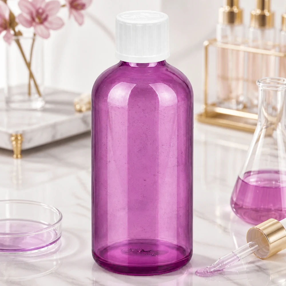 100 ml dråbeflaske 1,2 mm hvid standard børnesikret PurpleLine. UT18/100 Elegant 100 ml kosmetikflaske i lilla med fin 1,2 mm dråbeindsats til serum og olier