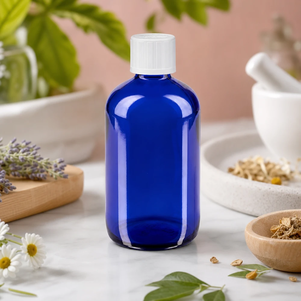Blå 100 ml apotekerflaske med dråbeindsats omgivet af urter, lavendel og kamilleblomster