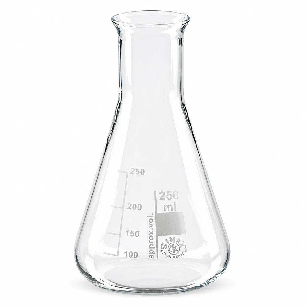 Erlenmeyer-kolbe 250 ml med smal hals Erlenmeyer-kolbe 250 ml med smal hals af klart borosilikatglas til laboratorieforsøg