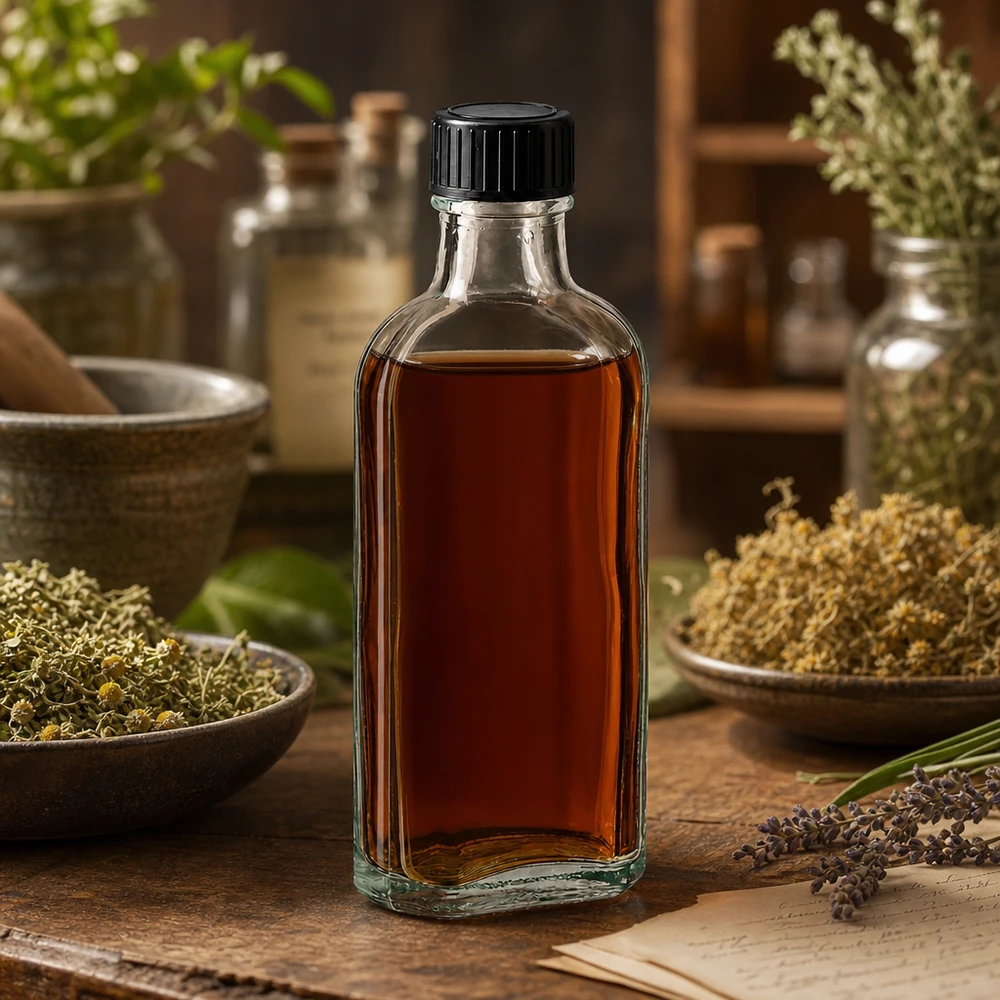 100 ml Meplat klar skruelåg med EPE-forseglingsskive Flad 100 ml Meplat-glasflaske med skruelåg omgivet af tørrede urter på et træbord