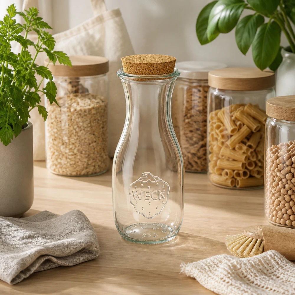 530 ml juiceflaske WECK RR60 med kork natur WECK juiceflaske 530 ml RR60 med kork i bæredygtigt nul-affaldskøkken mellem opbevaringskrukker og grønne planter