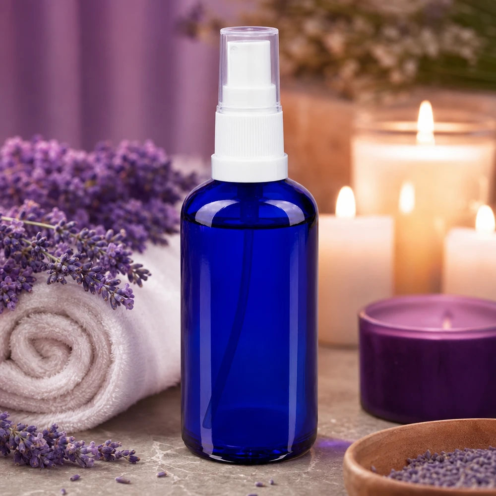 Apoteksflaske blå 50 ml spraytop hvid 50 ml blå apotekersprayflaske med lavendel og stearinlys i en afslappende atmosfære