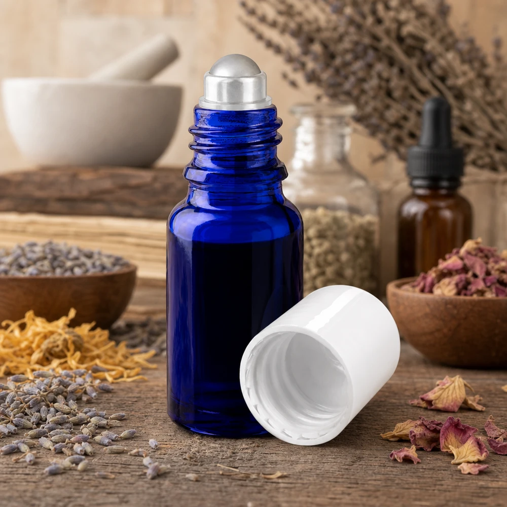 Koboltblå 10 ml roll-on-flaske med en rullekugle af rustfrit stål mellem tørrede urter og blomster