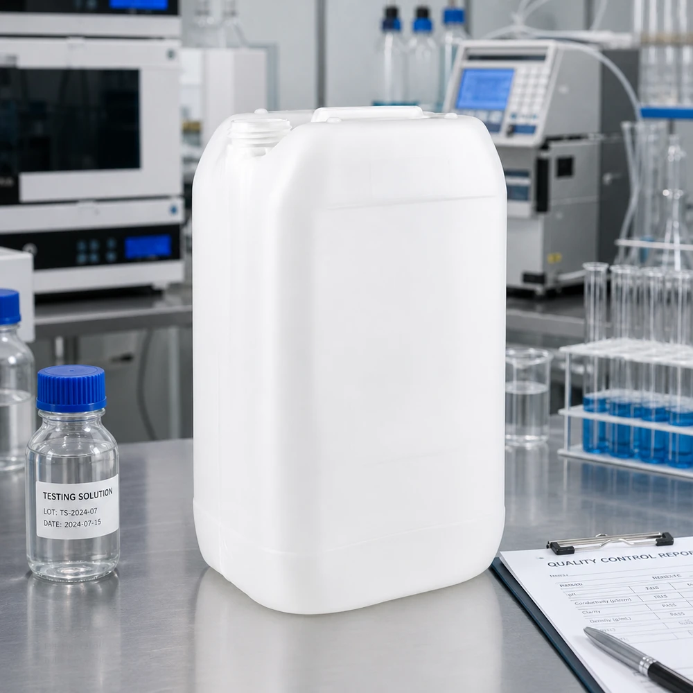 Robust 15-liters dunk uden låg ved siden af laboratorieflasker og kvalitetskontrolrapport
