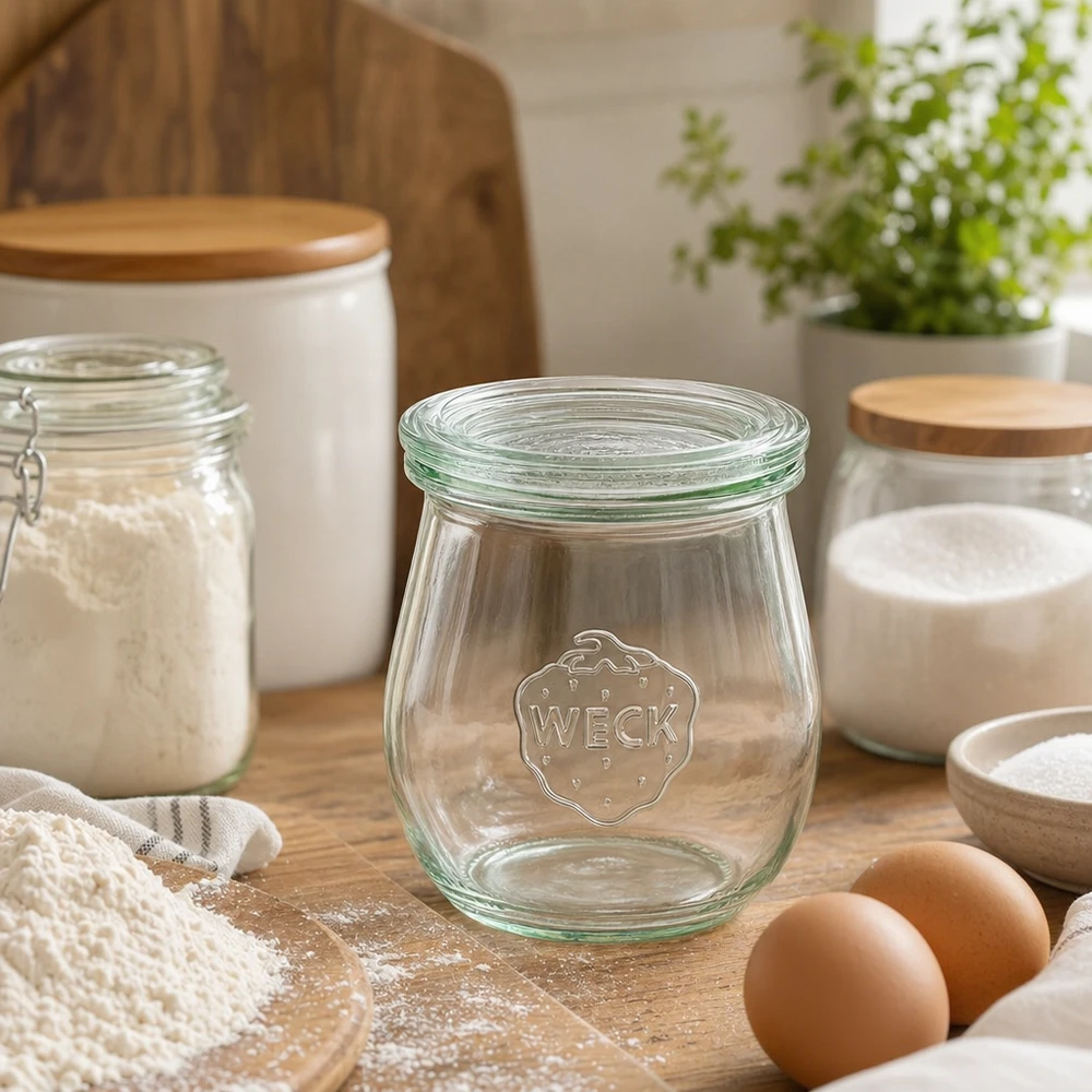 220 ml tulpanglas med glaslåg WECK RR60 WECK tulipankrukke 220ml RR60 tom i moderne køkken med madlavningsingredienser æg mel og køkkenudstyr i træ