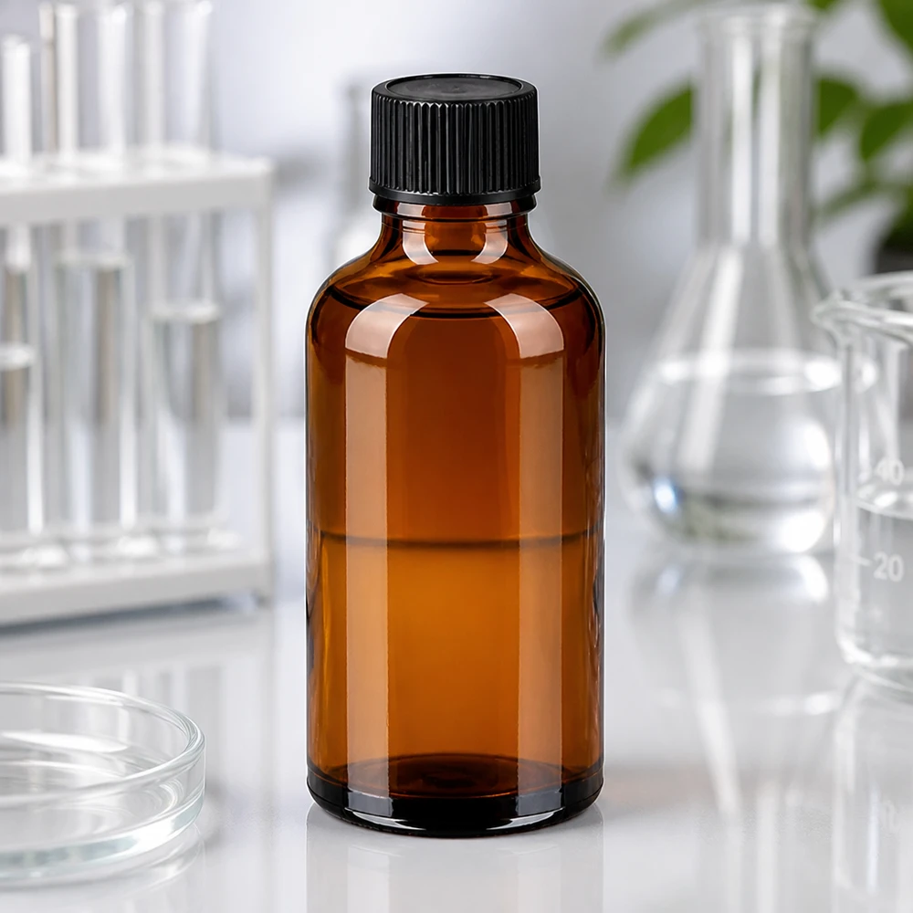 50 ml dråbeflaske 1 mm sort STD BrownLine UT18/50 50 ml dråbeflaske BrownLine lavet af UV-beskyttende ravfarvet glas med sort standardhætte