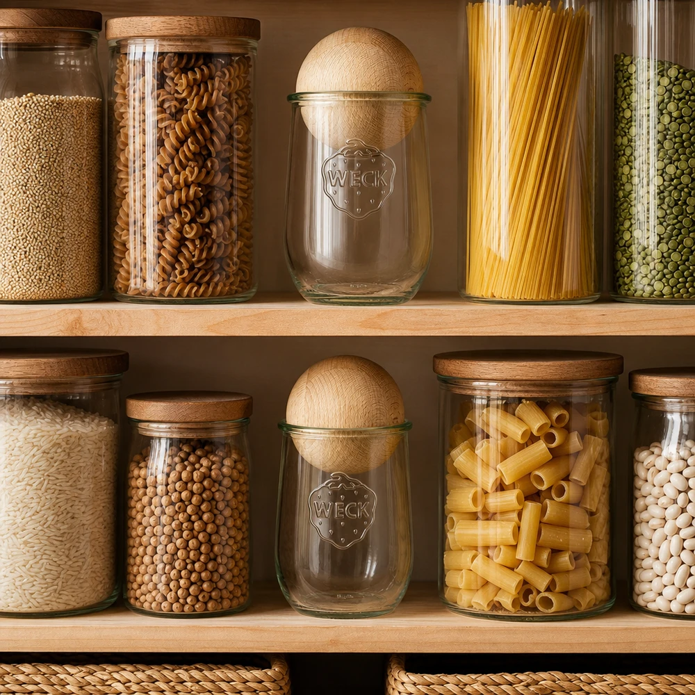 1062 ml tulipankrukke WECK RR100 med trækugle bøg WECK tulipankrukke 1062ml RR100 med bøgekugle i organiseret spisekammer mellem pasta, ris og bælgfrugter