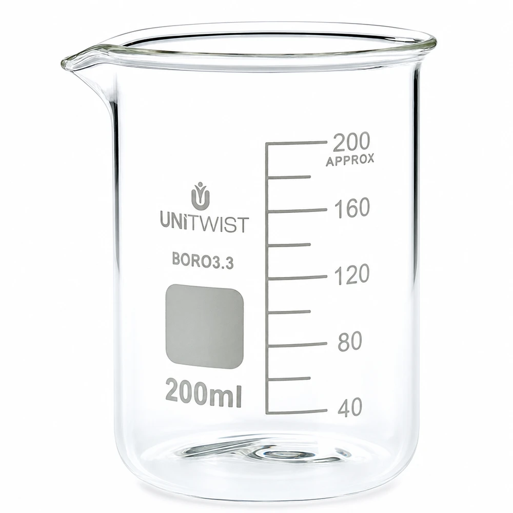 Bæger 200 ml borosilikat, lav skimmel UNiTWIST 200 ml lavt begerglas af borosilikatglas fra UNiTWIST med milliliterskala