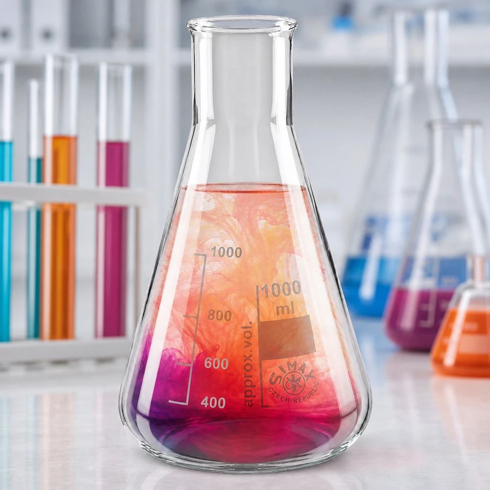 Erlenmeyer-kolbe 100 ml med bred hals 100 ml Erlenmeyer-kolbe i høj kvalitet med bred hals og farvede opløsninger til kemiske eksperimenter