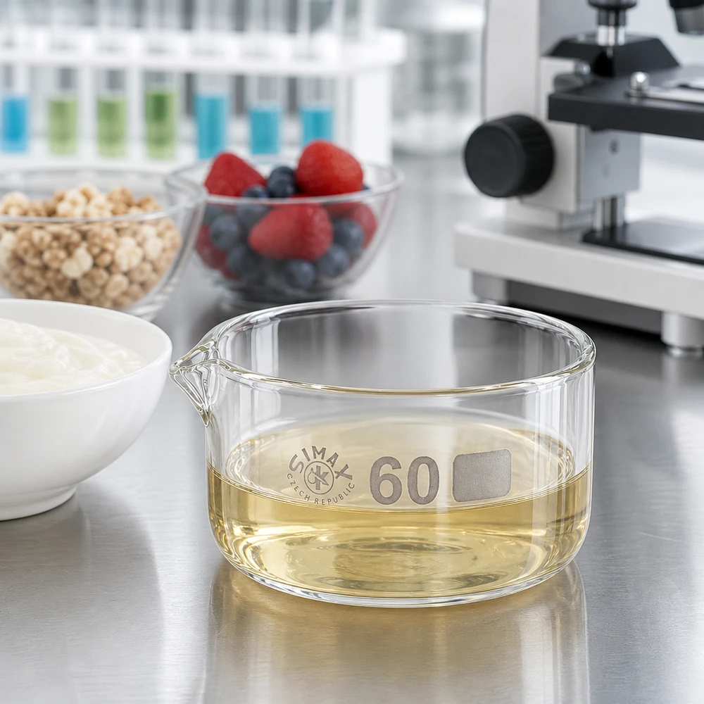 Krystalliseringsskål 60 ml med borosilikat-tud Krystalliseringsskål 60 ml, fødevareanalyse, laboratorium, yoghurt, bær, müsli, spiseolie, borosilikatglas