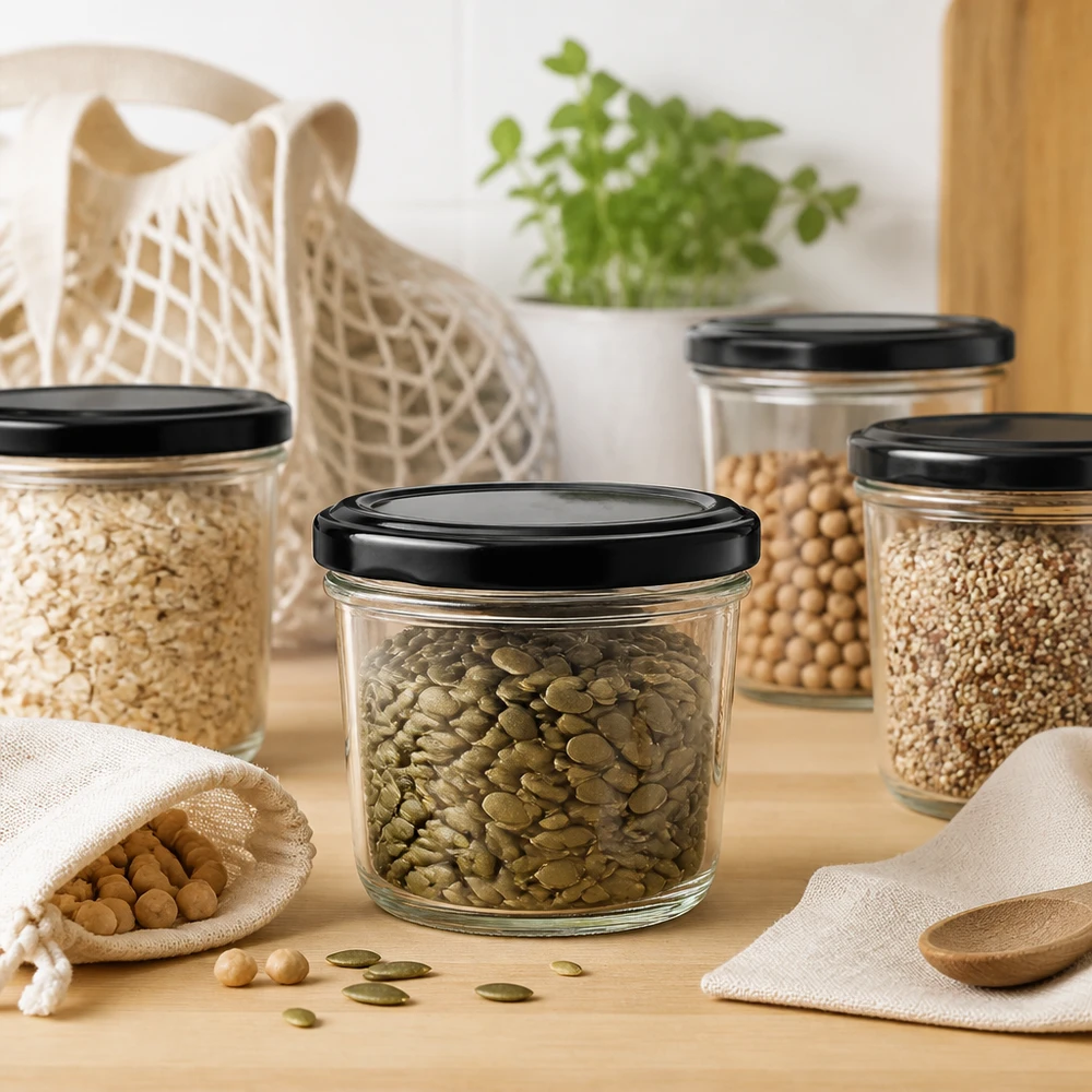 230 ml Briller med BasicSeal-låg sort UNiTWIST 230ml Sturzglas mit grünen Linsen in stylischer Küchenszene zeigt moderne Aufbewahrung für Hülsenfrüchte und Vorräte