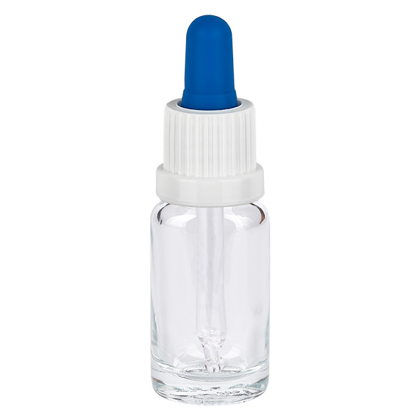 10 ml pipetteflaske hvid/blå OV ClearL. UT18/10 10 ml pipetteflaske af klart glas med hvid skruelåg og blå gummikugle