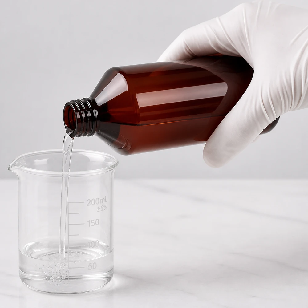 Handsken fylder et 200 ml bægerglas fra en brun PET-flaske, PP28, til laboratoriebrug med flydende stof
