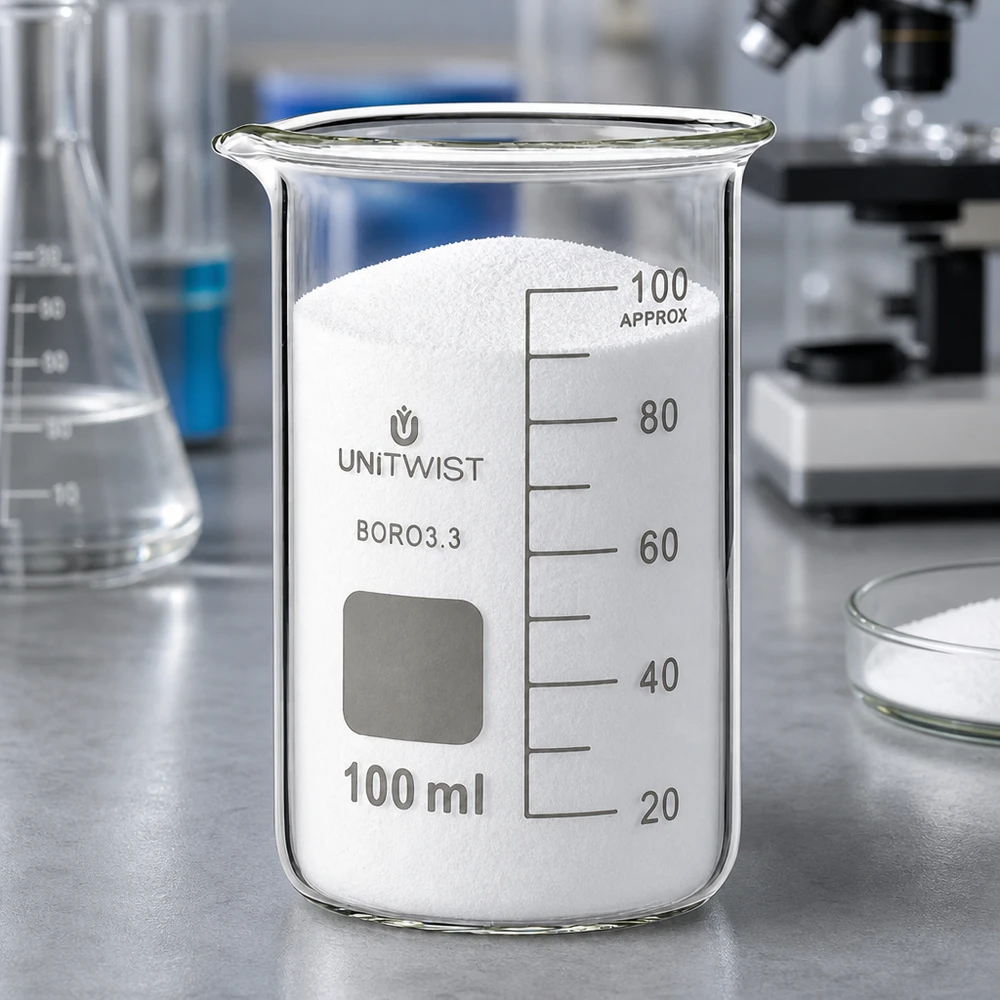 UNITWIST bægerglas, 100 ml, høj model, borosilikatglas, fyldt med hvidt pulver i laboratoriet