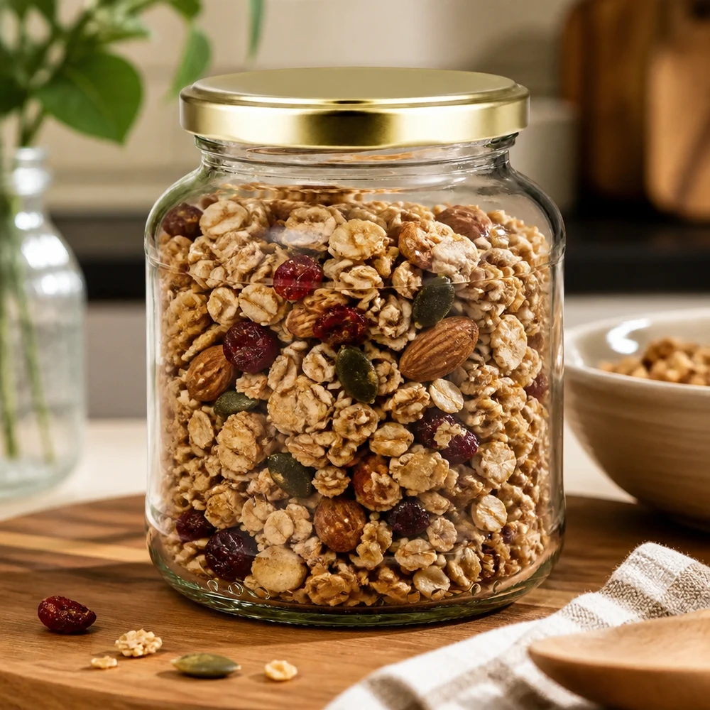 370 ml oval krukke med BasicSeal-låg guld UNiTWIST 370 ml oval krukke med gyldent BasicSeal-låg fyldt med nødde- og tørret frugtblanding - UNiTWIST opbevaringskrukke til müsli