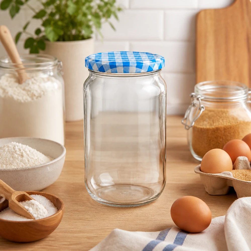 1062 ml rund krukke + BasicSeal-låg blå/hvid UNiTWIST 1062 ml rund krukke tom i køkkenscene med bageingredienser, blåt og hvidt BasicSeal-låg, alsidig til bageblandinger