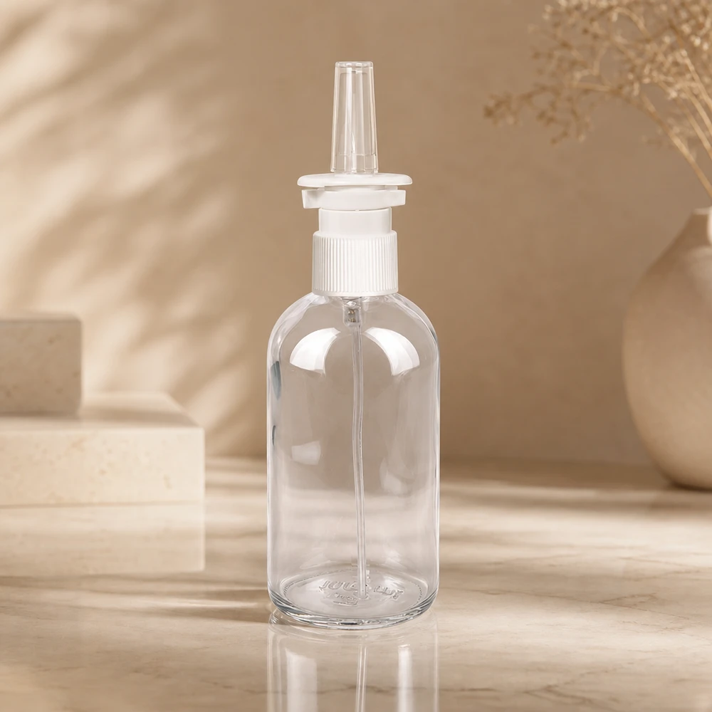 100 ml næsesprayflaske m./tr. STD ClearLine UT18/100 ClearLine-glasflaske, 100 ml, med hvid næsesprayhoved på marmor