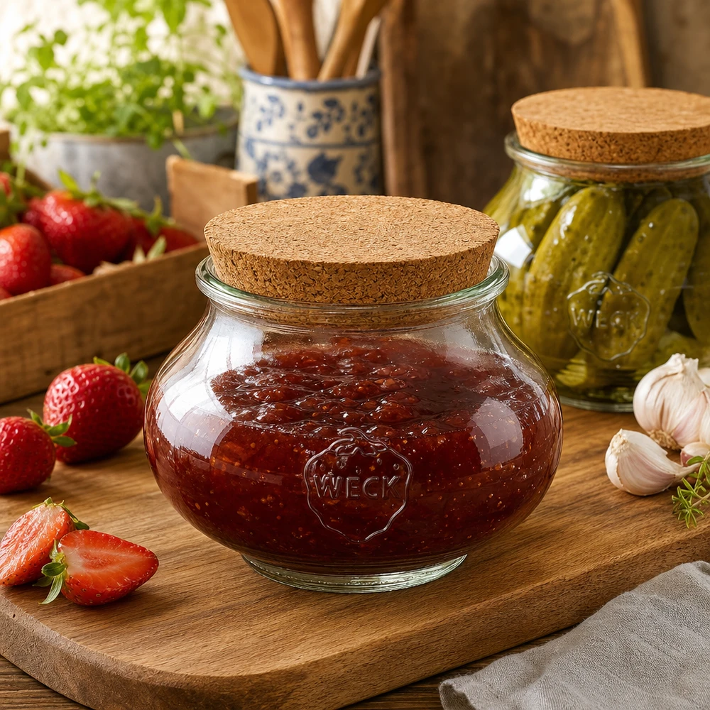 560 ml smykkekrukke WECK RR80 med kork natur WECK opbevaringskrukke 560 ml med korklåg i rustikt køkken fyldt med marmelade ved siden af jordbær og asier
