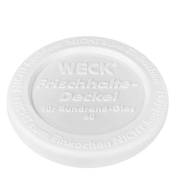 50 ml Briller med friskhedslåg WECK RR60 Hvidt friskhedslåg fra WECK 50 ml RR60-tumblere med producentens prægning og størrelsesinformation i nærbillede