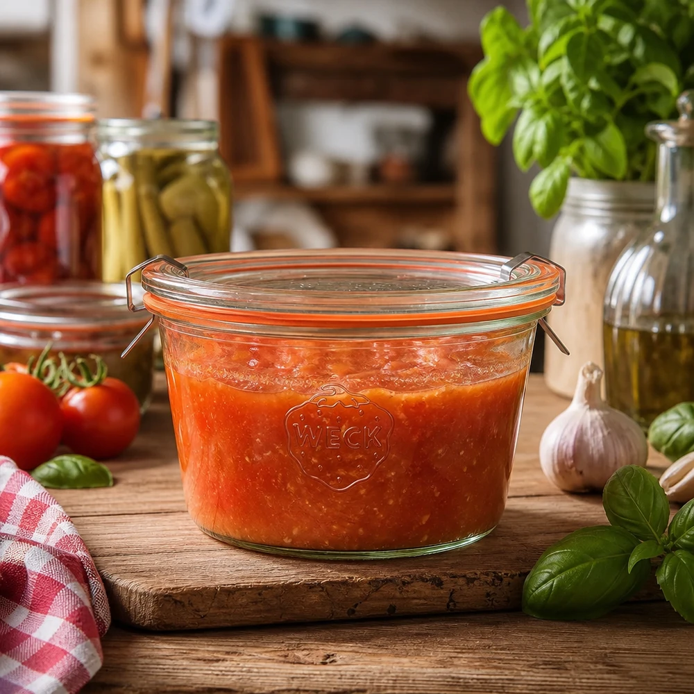 WECK RR100-glas 370 ml i rustikt køkken fyldt med tomatsauce viser praktisk brug til konservering