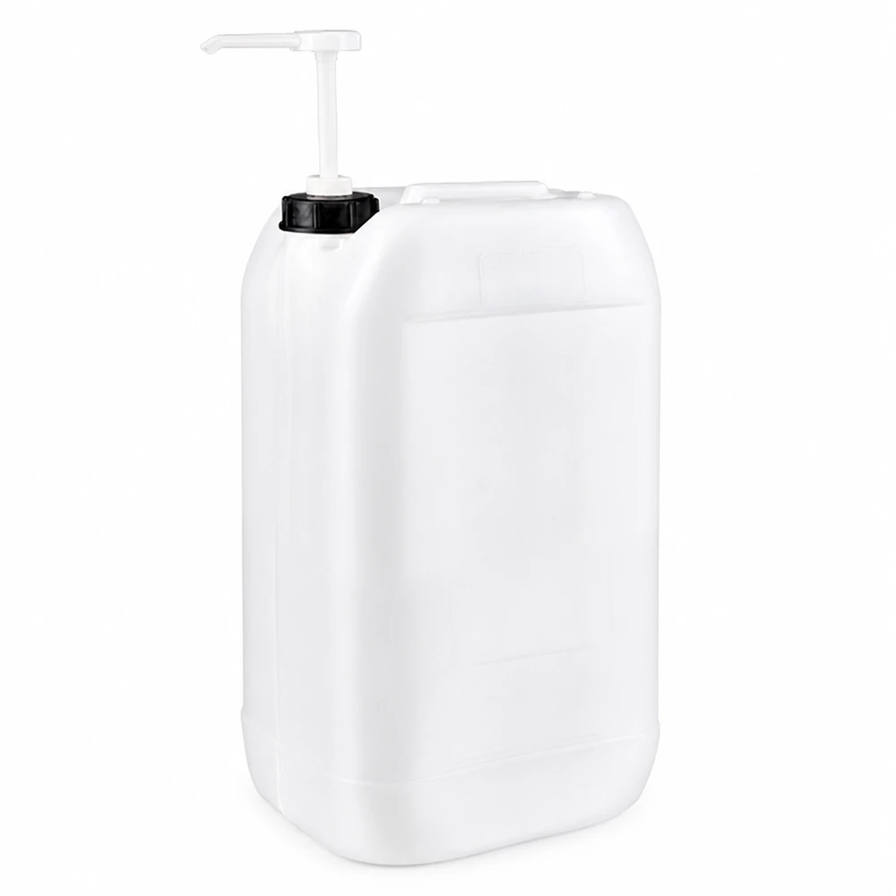 Hvid 15-liters plastdunk med doseringspumpe af HDPE til sikker opbevaring af væsker