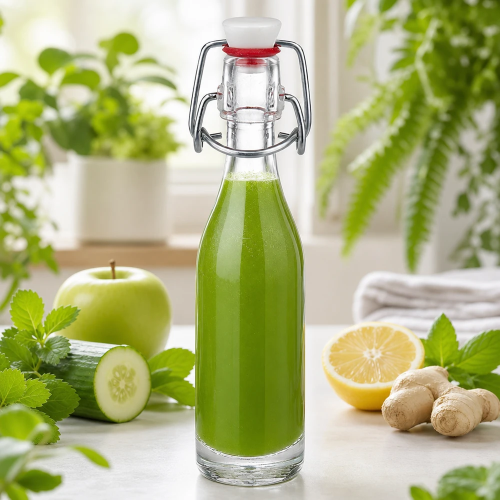 50 ml glasflaske og hængelukning PVC UNiTWIST 50 ml glasflaske UNiTWIST fyldt med grøn smoothie sammen med agurk, æble, ingefær og citron som en sund drik.