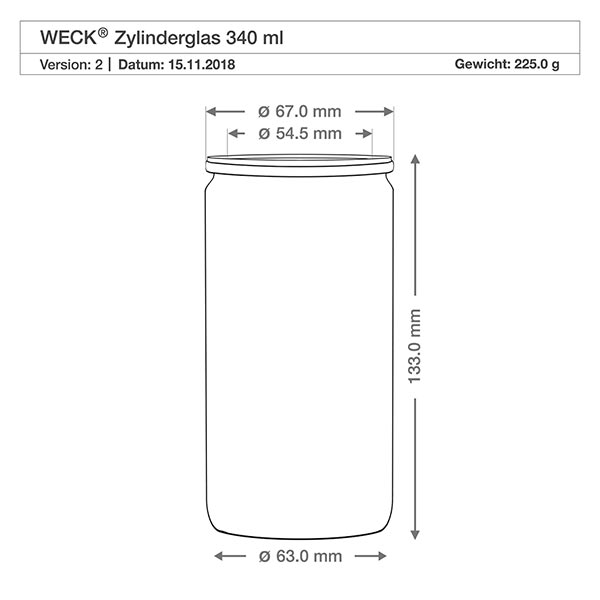 Sæt med 12 Weck-glas 340 ml cylinderglas Teknisk tegning WECK cylinderglas 340ml med dimensioner Højde 133mm Diameter 63mm Vægt 225g RR60