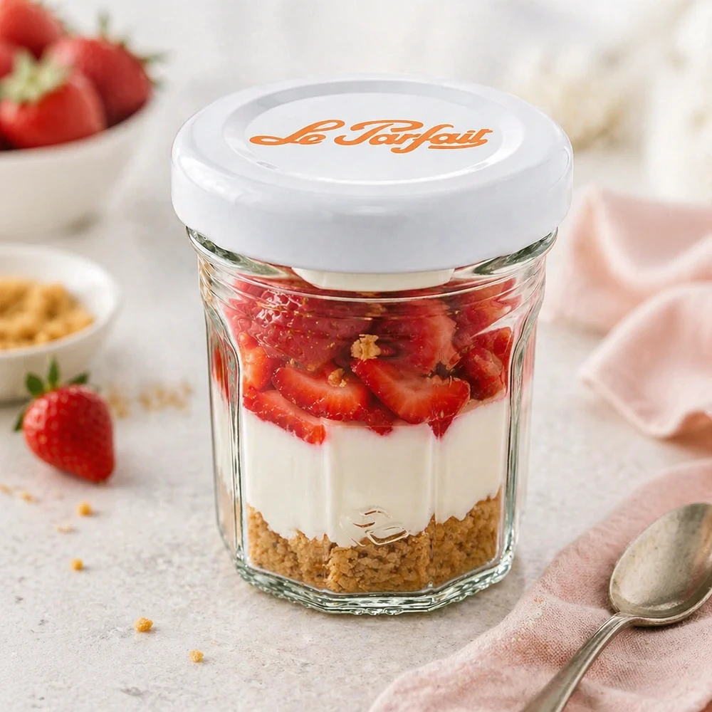 Le Parfait® Mini‑Jam 44 ml Ø48 mm glas Le Parfait 44 ml minitumblere som dessertglas med jordbær, fløde og kiksebund - alsidig brug