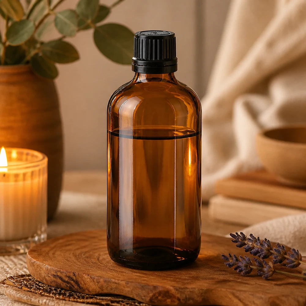 100 ml apotekerflaske i ravfarve med børnesikret dråbeflaske og lavendel-dekoration