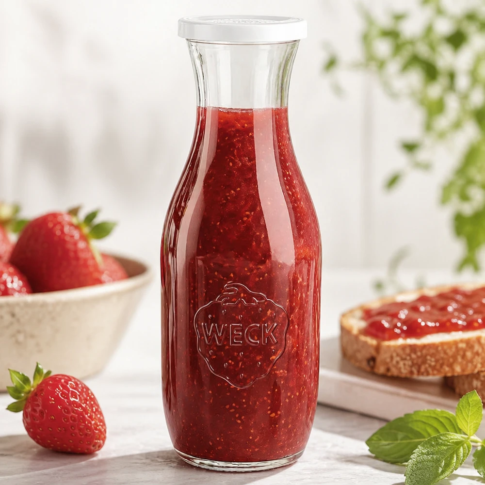 1062 ml saftflaske med friskhedslåg WECK RR60 WECK glasflaske 1062 ml fyldt med jordbærmarmelade ved siden af friske jordbær og brød med pålæg