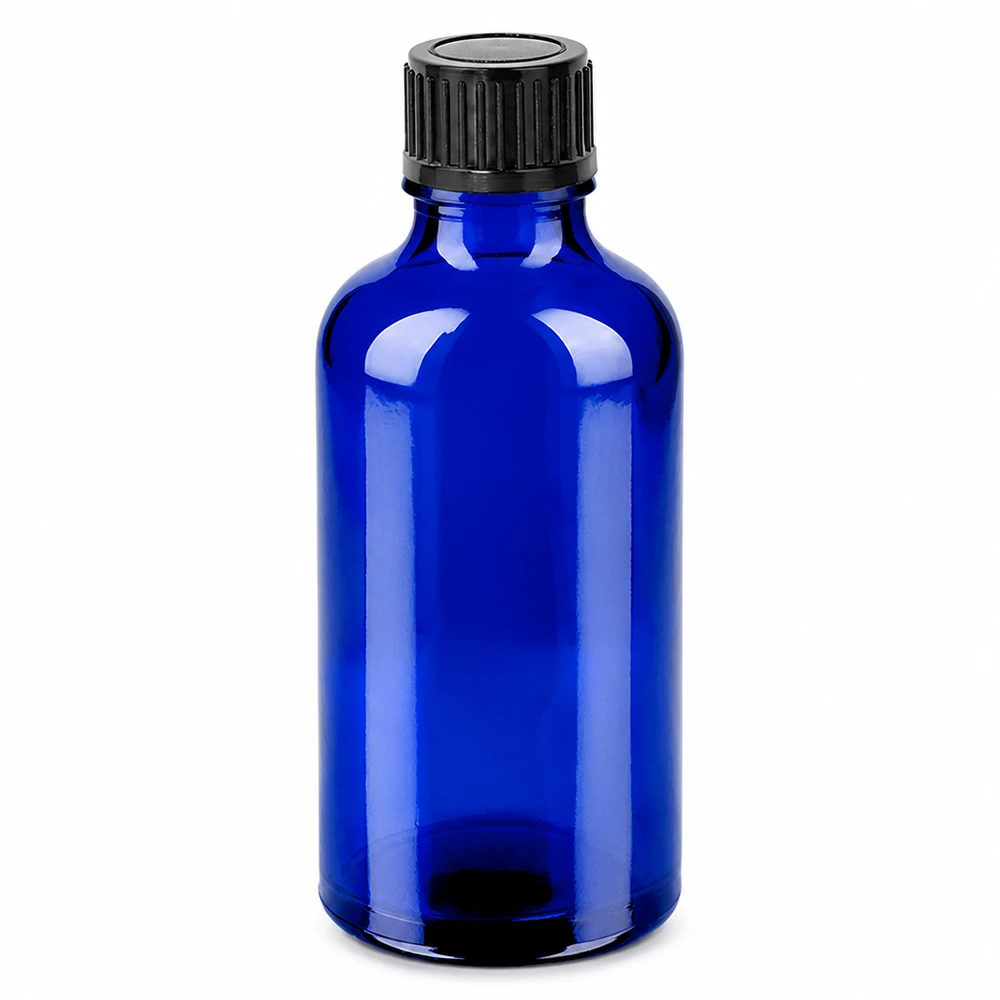 50 ml blå glasflaske med sort hætte til æteriske olier og kosmetik