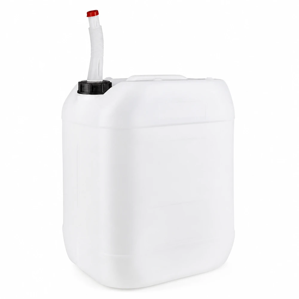 Hvid plastdunk på 20 liter med fleksibelt udløbsrør og rød prop