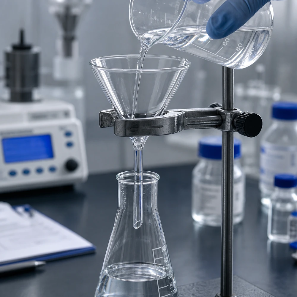 Tragt Ø 80 mm sodakalk, vinkel 60°, kort model Laboratorietragt af kalk-soda-glas med en vinkel på 60 grader og en diameter på 80 mm til præcis filtrering