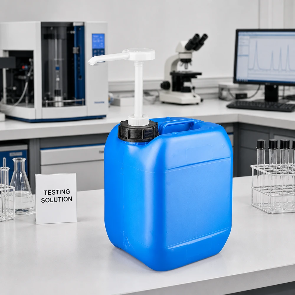 5 liters blå dunk med doseringspumpe Blå 5-liters dunk med doseringspumpe ved siden af en Erlenmeyer-kolbe og reagensglas i laboratoriet