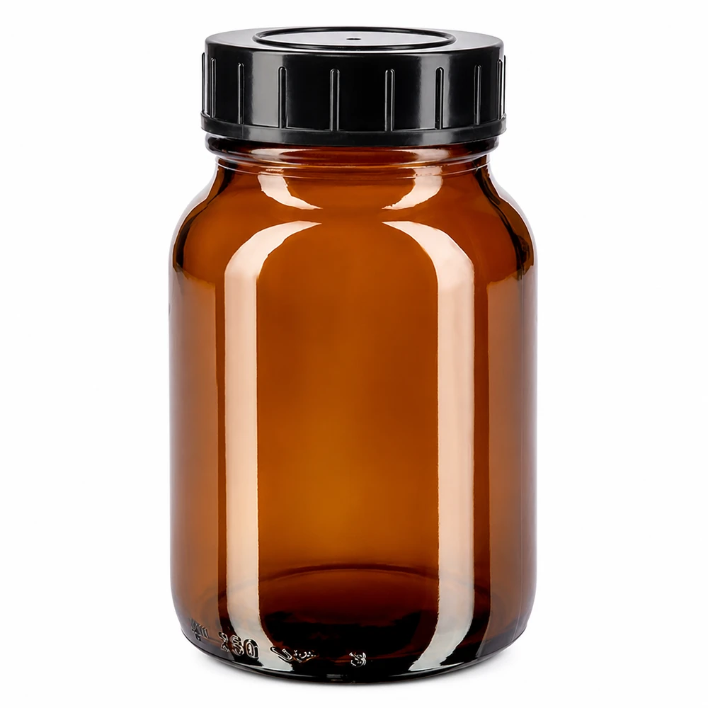 250 ml flaske med bred hals i ravfarvet glas med skruelåg 250 ml bredhalset flaske af ravfarvet glas med sort skruelåg til sikker opbevaring