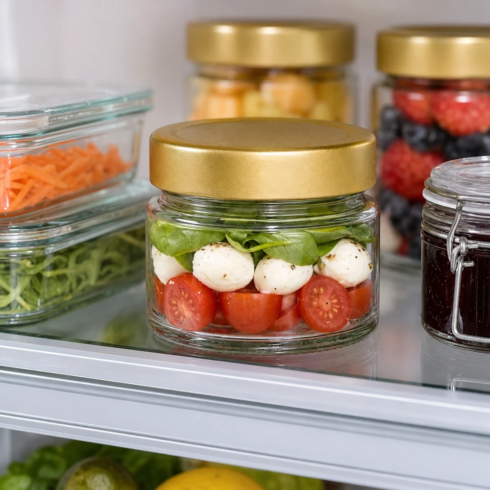 80 ml rund krukke med BasicSeal-låg guld dyb UNiTWIST Caprese-Salat im 80ml Rundglas mit goldenem Deckel im Kühlschrank - praktische Aufbewahrung für Meal Prep