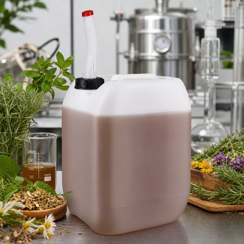 Aftapning af urteekstrakt i 10-liters dunke med fleksibelt udløbsrør i produktionen af naturkosmetik