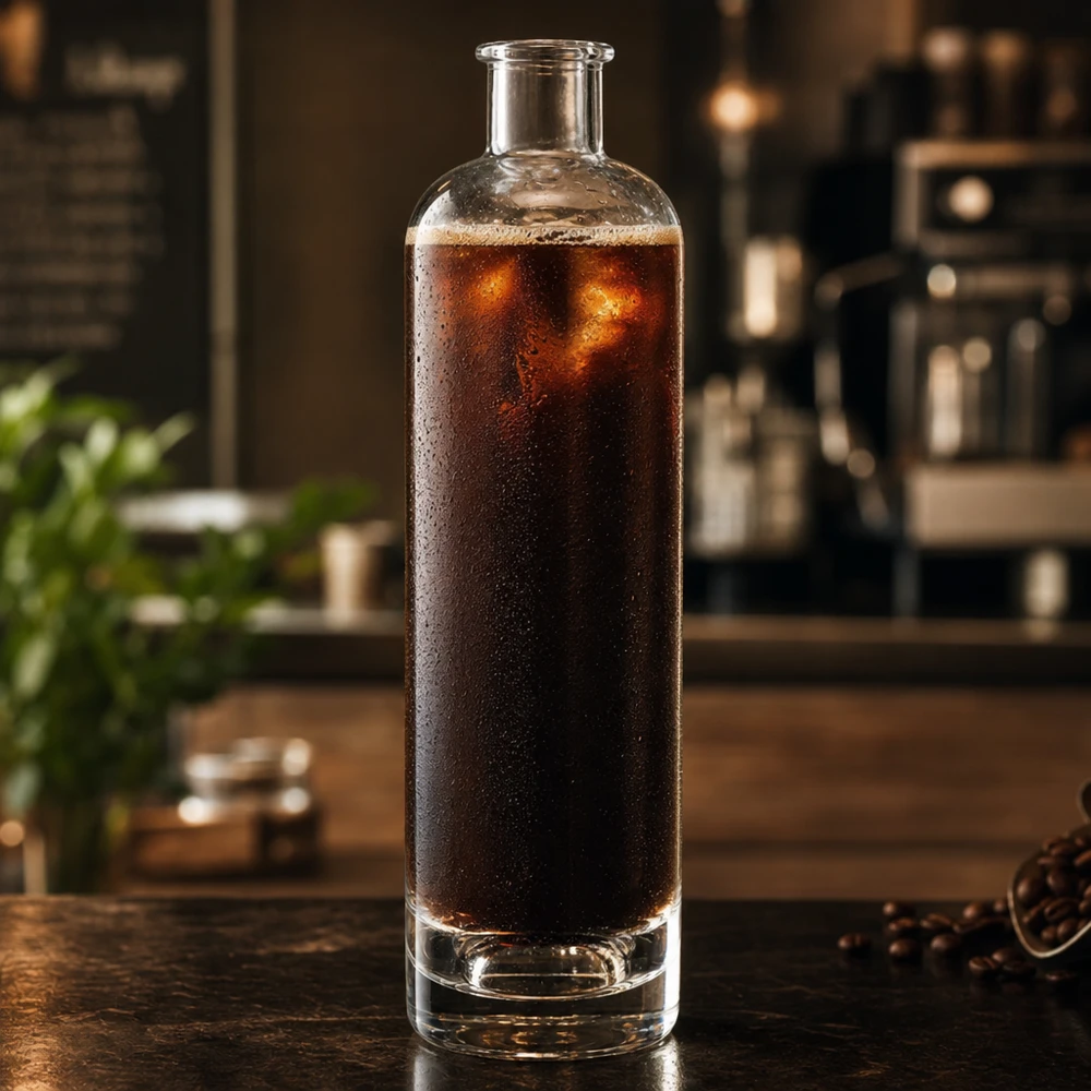 500 ml glasflaske »Ella« uden lukning UNiTWIST® 500 ml glasflaske Ella fyldt med koldbrygget kaffe i køkkencylindrisk form uden låg UNiTWIST-anvendelseseksempel