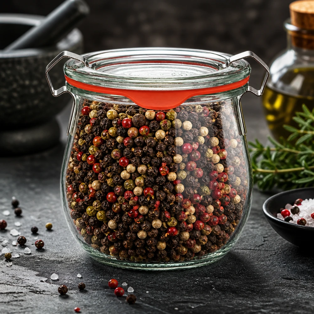 Idé til krydderikrukke: WECK mini tulipankrukke 220 ml WECK Mini-tulpaneglas 220 ml fyldt med en farverig peberblanding; glas med bøjle og rød gummiring på skiferplade