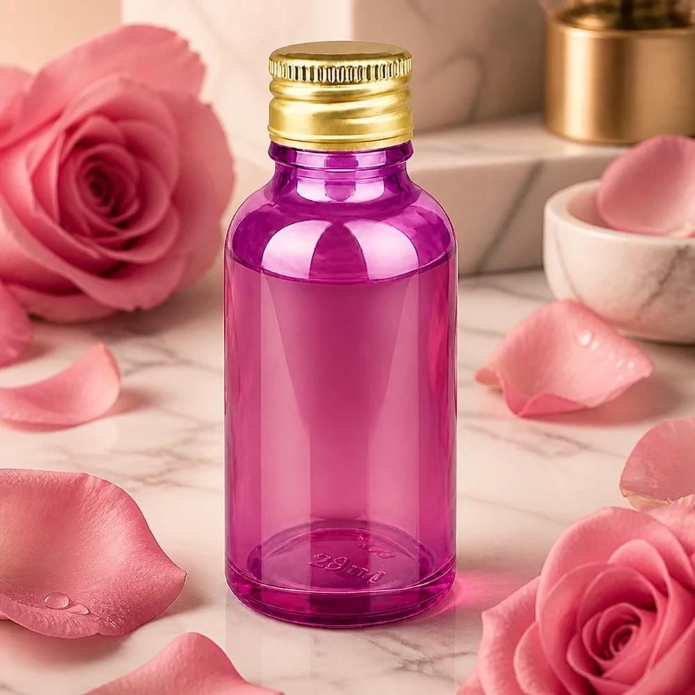 30 ml flaske 11 mm skruelåg aluminium guld standard PurpleLine. UT18/30 Purple Violet 30 ml glasflaske med SV-hætte og aluminiumsguldhætte til aromaterapi og parfume