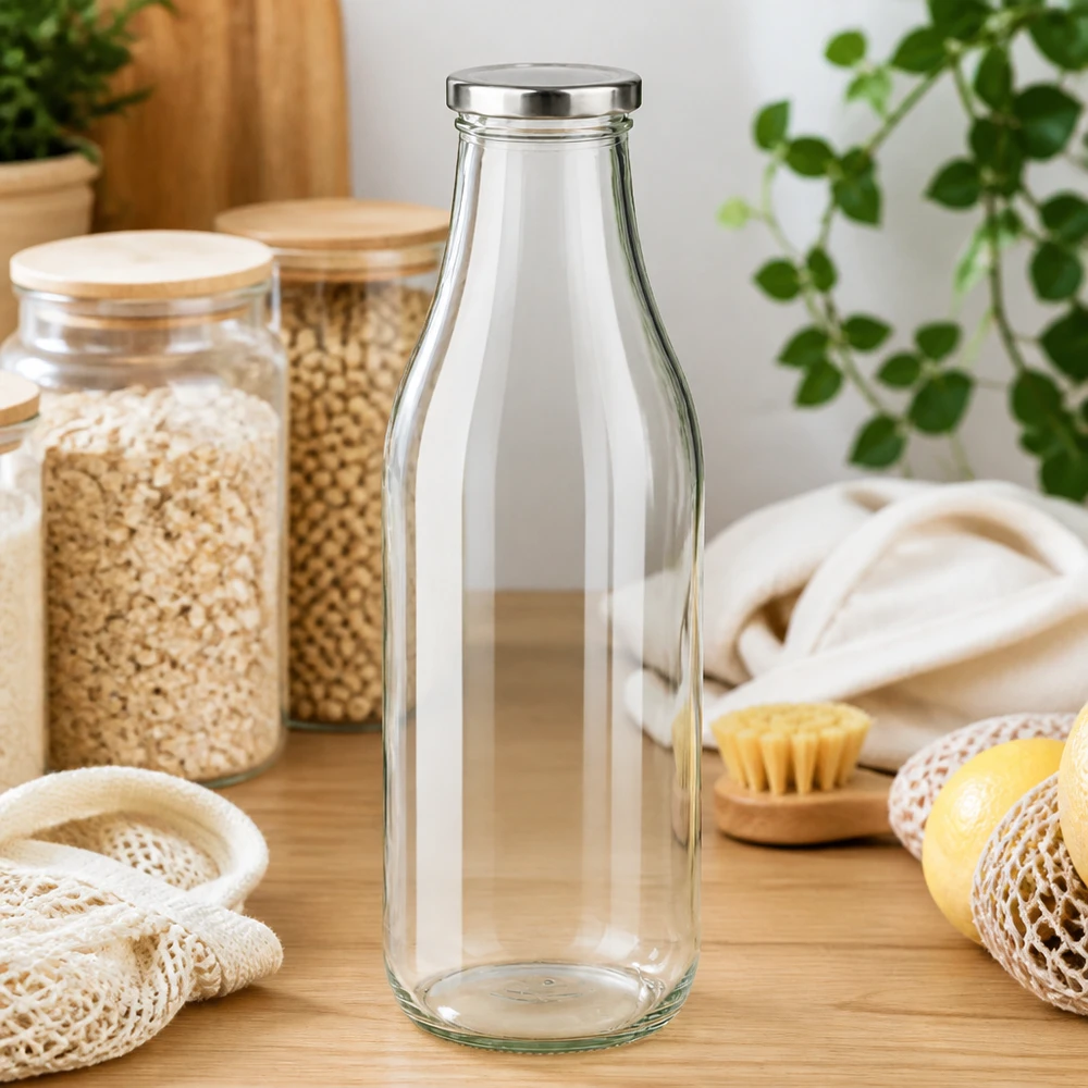 1000 ml glasflaske + BasicSeal-låg sølv UNiTWIST. Absolut lækagesikker med stort TO48-låg. Til mælk, juice og limonade. 1000 ml BasicSeal sølvglasflaske på et træbord med bæredygtigt køkkenudstyr og planter Zero waste lifestyle